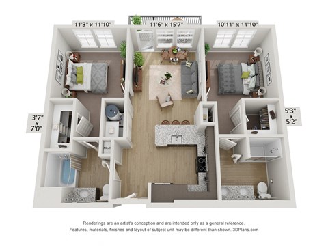 Floor plan image of B1, 2-bedroom apartment